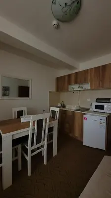 a kitchen with a table and chairs and a refrigerator at Apartmani Pavlović in Kopaonik