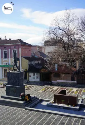a dog laying on the ground next to a statue at Rooms S&S Milicevic u strogom centru Aleksandrovca in Aleksandrovac