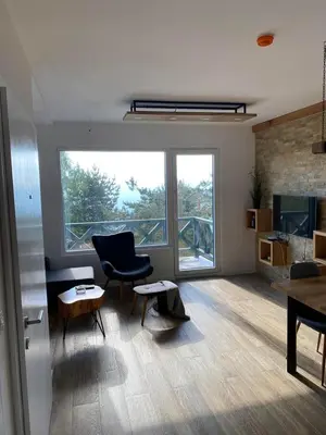a living room with a chair and a table at Silver Hill apartment in Kopaonik