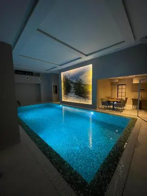 a large swimming pool in a room with a painting at Silver Hill apartment in Kopaonik
