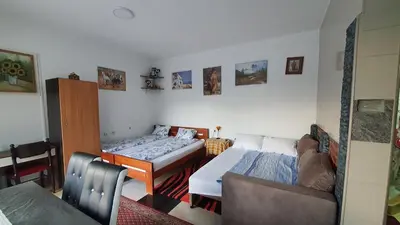 a living room with a bed and a table at Apartmani Odmor i Mir in Vranje