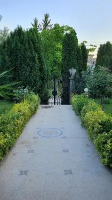 a path in a park with a bench and trees at Apartmani Odmor i Mir in Vranje