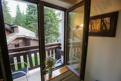 a balcony with a view of a house at Villa Zvončica, Apartman ViN in Kopaonik