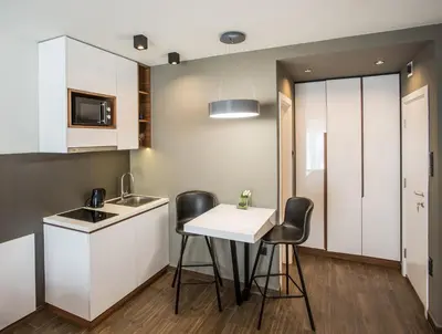 a kitchen with a table and chairs in a room at SACHER APARTMENTS in Niš
