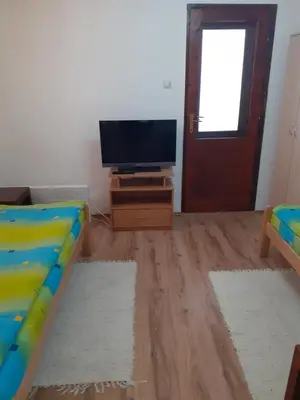 a living room with a couch and a flat screen tv at Smestaj Stankovic in Soko Banja