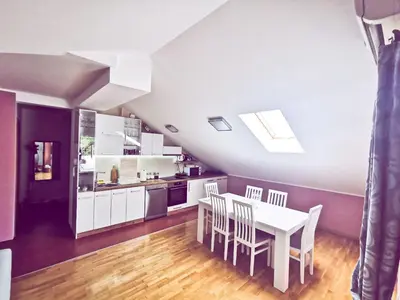 a kitchen with a table and chairs in a room at Apartman Japanski vrt, Centar in Vrnjačka Banja