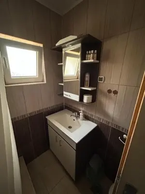 a small bathroom with a sink and a mirror at Seosko domacinstvo Vujic Sokobanja Resnik in Resnik