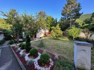a garden with white flowers in a yard at Seosko domacinstvo Vujic Sokobanja Resnik in Resnik
