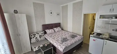 a small room with a bed and a kitchen at Apartman Casa Lux in Vrnjačka Banja