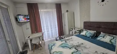 a bedroom with a bed and a desk in it at Apartman Casa Lux in Vrnjačka Banja