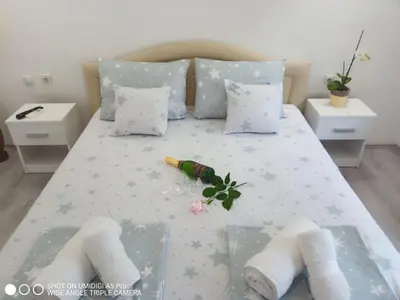 a bedroom with a bed with a star bedspread at Relax Apartmani Niš in Niš