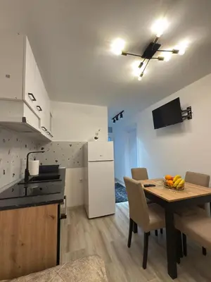 a kitchen and dining room with a table and chairs at Relax Apartmani Niš in Niš