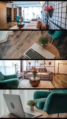 a living room with a couch and a table with a laptop at City apartment and gym in Niš