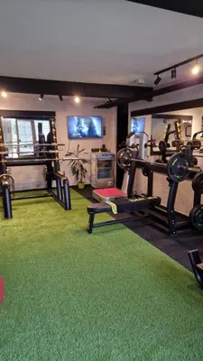 a gym with tread machines and green carpet at City apartment and gym in Niš