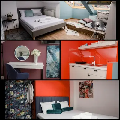 a collage of photos of a bedroom with orange and white at Different Apartments in Niš