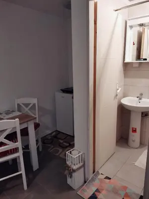 a bathroom with a sink and a toilet and a table at Studio Milica in Vrnjačka Banja