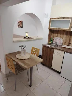 a kitchen with a wooden table and a table and chairs at Apartmani Ruj in Soko Banja