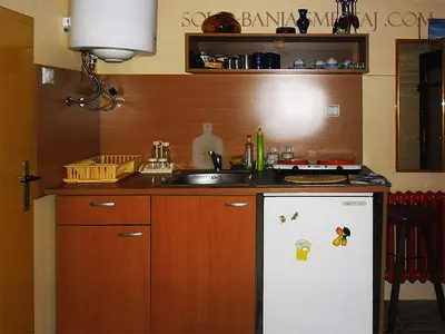a kitchen with a sink and a white refrigerator at Apartman i Studio Stefan Nemanja Sokobanja in Soko Banja