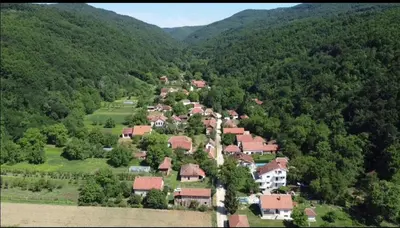 an aerial view of a village in the middle of a mountain at Domaćinstvo Trifunović in Pretrešnja