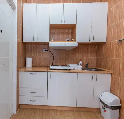 a kitchen with white cabinets and a sink at Studio Koral in Soko Banja