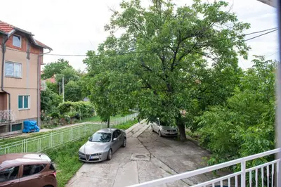 two cars parked in a parking lot next to a tree at Studio Koral in Soko Banja