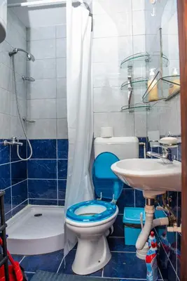 a bathroom with a toilet and a sink and a shower at Studio Koral in Soko Banja