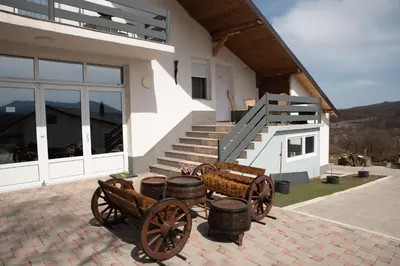 a patio with twookedoked carts and a house at KONAK LJUBICA Rtanj in Boljevac