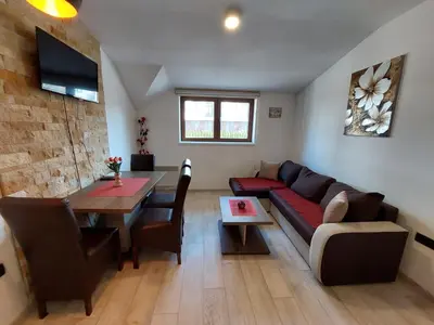 a living room with a couch and a table at AM apartments in Kopaonik