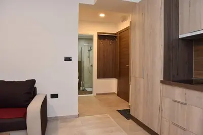 a living room with a couch and a bathroom at AM apartments in Kopaonik