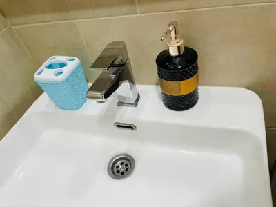 a white sink with a soap dispenser and a bottle of soap at AM apartments in Kopaonik