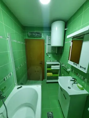 a green bathroom with a tub and a sink at Stankovic apartman in Niš