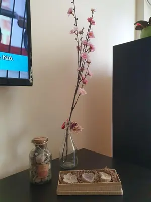 a glass jar with a vase with a flower in it at Stankovic apartman in Niš
