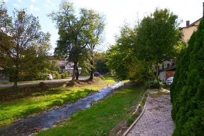 a walkway through a street with trees and grass at Studio Simonovic in Vrnjačka Banja