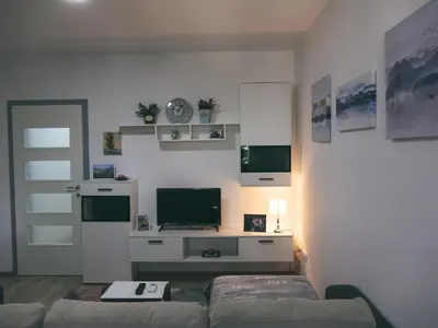 a living room with a couch and a television at Cozy Corner Apartments - Free parking & Wi-fi in Ćuprija