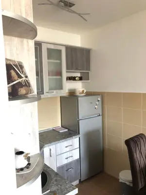 a kitchen with a stainless steel refrigerator and cabinets at Apartman TRIM in Vrnjačka Banja