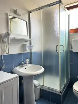 a bathroom with a sink and a glass shower at IDI MI - DODJI MI in Vrnjačka Banja