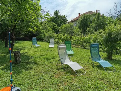 a row of lawn chairs sitting in the grass at Vila Breza in Soko Banja