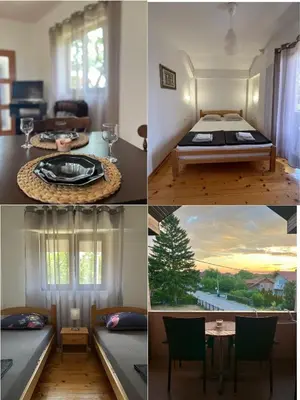 a collage of pictures of a room with a bed and a table at Apartman Jovana in Soko Banja