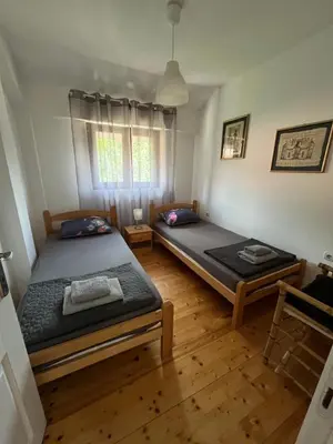 a bedroom with two beds and a window at Apartman Jovana in Soko Banja