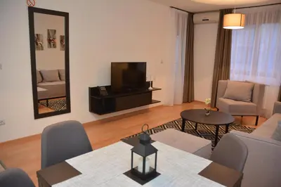 a living room with a couch and a television at Apartman Favorito 327 in Vrnjačka Banja