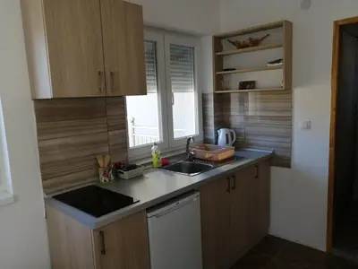 a kitchen with wooden cabinets and a sink and a window at Apartmani & SPA Matin Breg in Jošanička Banja