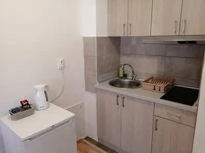 a small kitchen with a sink and a counter at Apartmani & SPA Matin Breg in Jošanička Banja