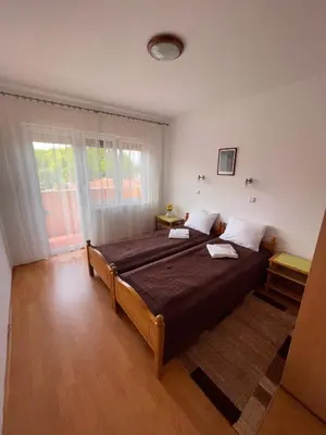 a bedroom with a large bed and a large window at Smestaj Katarina in Soko Banja