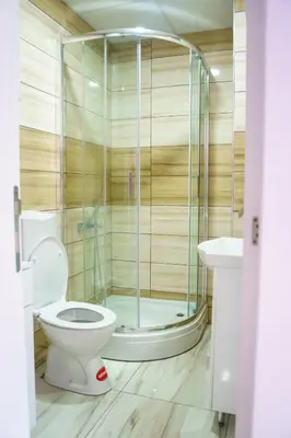 a bathroom with a toilet and a shower at Apartments Karamarković 1 in Vrnjačka Banja