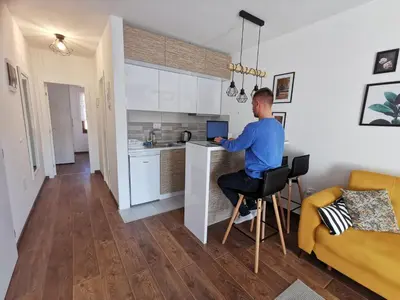 a man sitting at a kitchen counter using a laptop at Sunset Vrnjačka Banja in Vrnjačka Banja