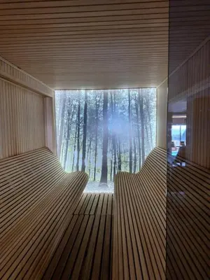 a sauna with a large window in a forest at Vistanova Milmari S33 in Kopaonik