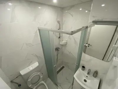 a bathroom with a shower and a toilet and a sink at Apartment 13 in Vrnjačka Banja