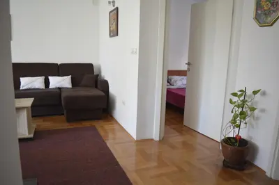 a living room with a couch and a potted plant at Apartman Pirot in Pirot
