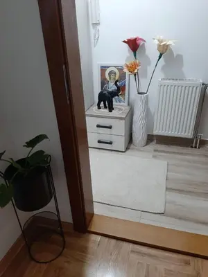 a room with a white dresser with a black cat statue on it at Apartman OAZA in Vrnjačka Banja