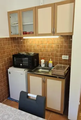 a small kitchen with a microwave and a sink at Apartman u Brzecu - Kopaonik in Kopaonik